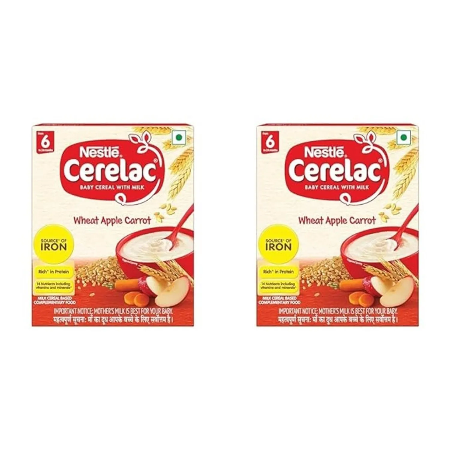 CERELAC Pack of 2 Cerelac Baby Cereal With Milk, Wheat Apple Carrot,Stage 1